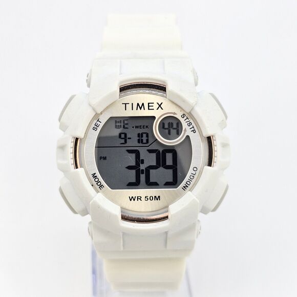 Timex Men's Digital Chronograph Sport Watch 44MM White Case White Plastic Bands - Picture 1 of 14